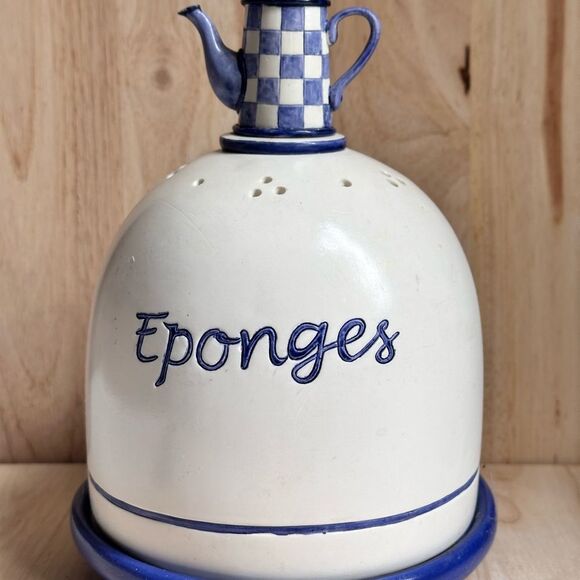 French Farmhouse Sponge Holder with Kettle White Blue Rustic Kitchen Decor - Picture 3 of 4